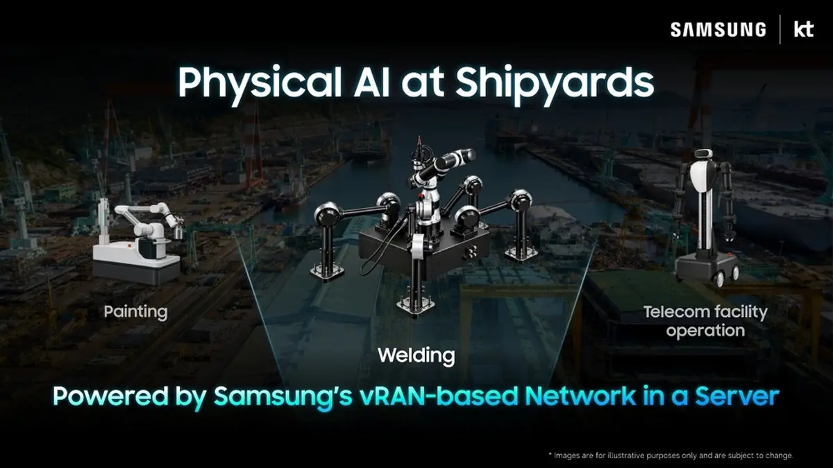 Samsung's press image for its Korean AI RAN projects, showing the Samsung Networks mark beside the project title and the KT and SK Telecom names.