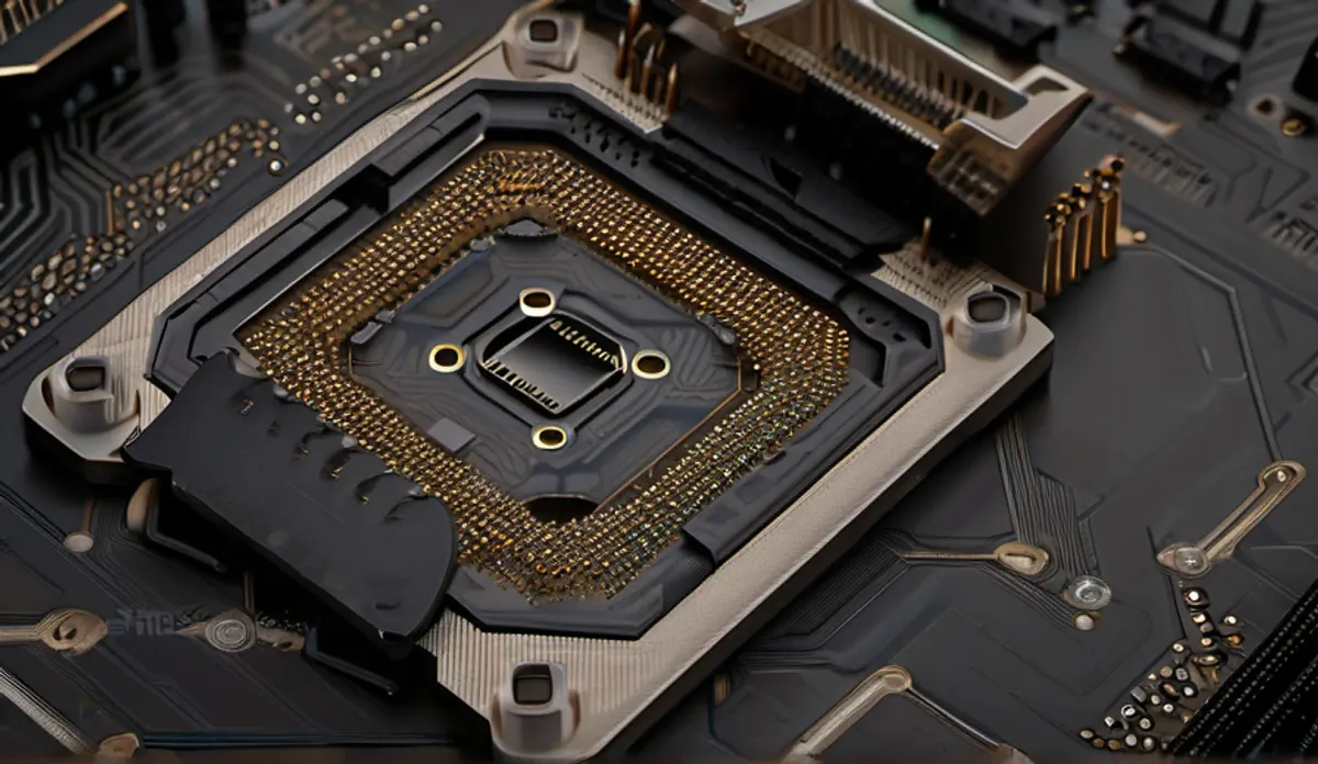Original close-up editorial illustration of an LGA1954-style desktop CPU socket with dense gold contact pins and an open retention bracket
