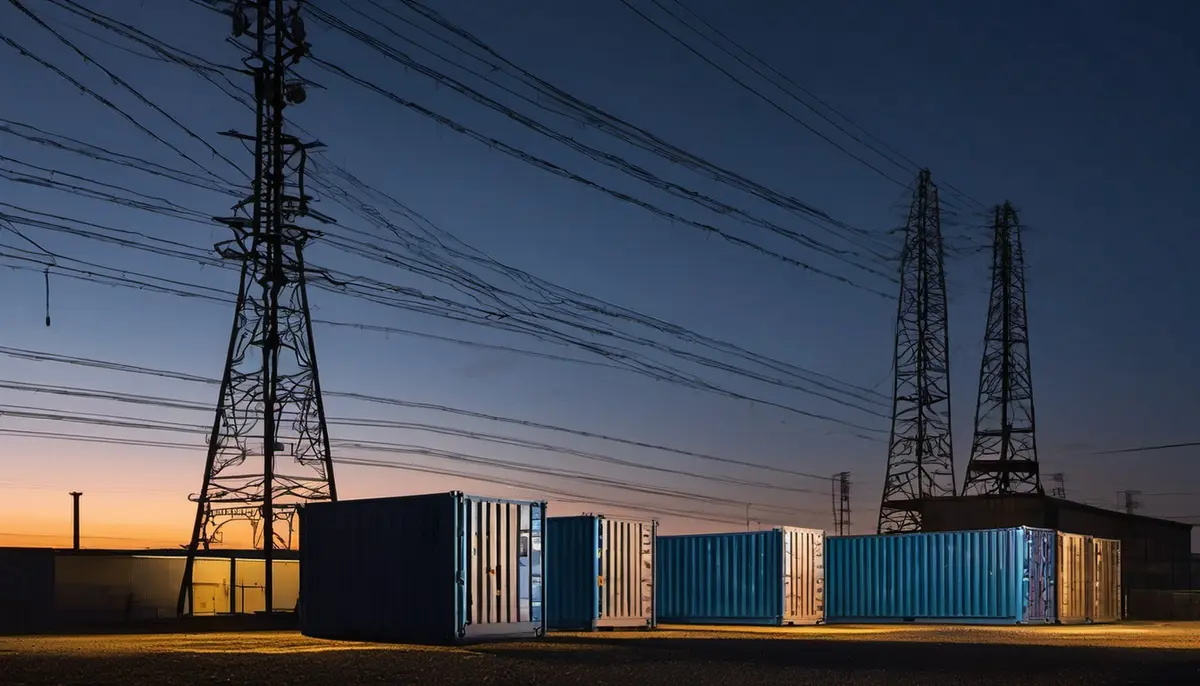 Modular data-centre units stand under floodlights in an industrial yard at dusk, with electricity pylons behind them.