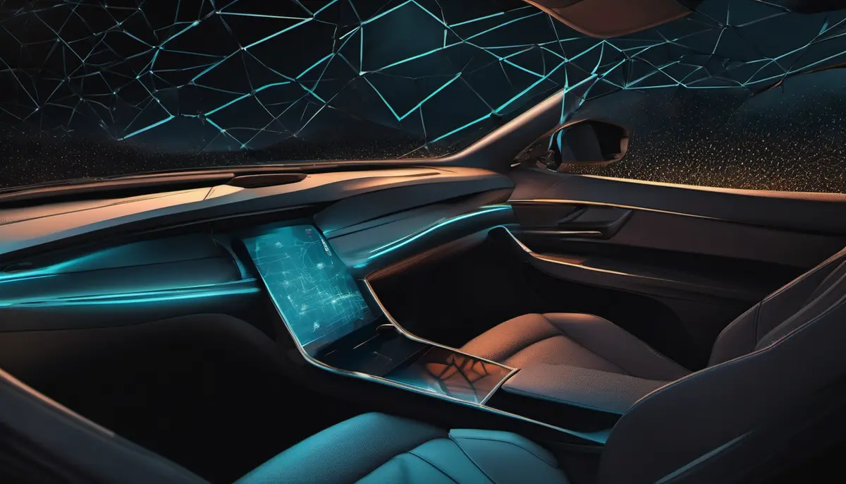 An illustration of a car's glowing dashboard display in a dark cabin, linked by a broken line to a phone beside it.