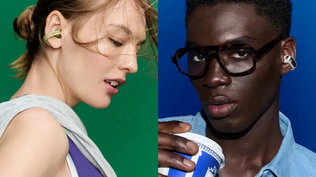 A woman wearing green Bose Sport Open Earbuds next to a man wearing white Bose Ultra Open Earbuds (2nd Gen), photographed against green and blue backdrops.