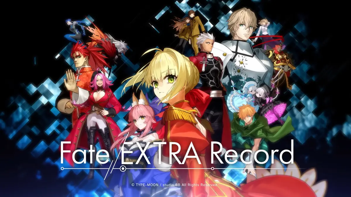 *Fate/EXTRA Record* promotional artwork showing its central characters in a futuristic arena.