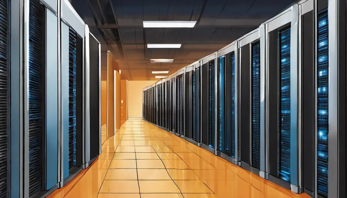 A long aisle of dark server racks receding into the distance inside a data centre, lit by cool blue light with a warm glow spilling from a doorway at the far end