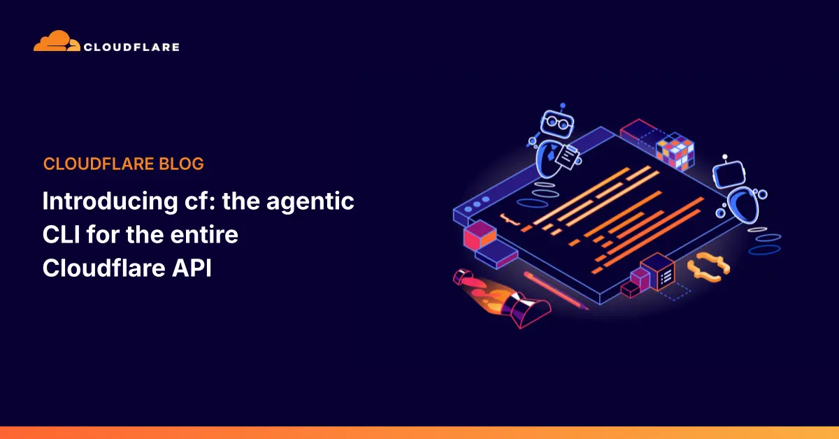 Cloudflare blog announcement card for the cf command line interface, showing the Cloudflare logo beside an illustration of a glowing terminal window ringed by small agent and app icons.