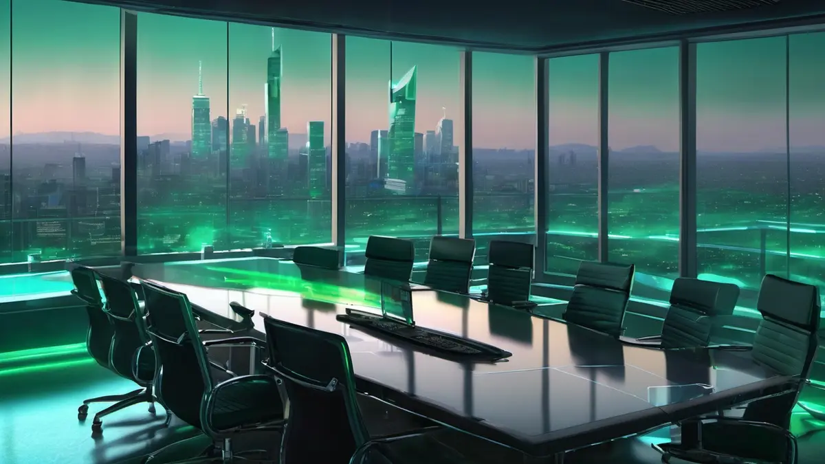 An empty green-lit corporate boardroom with a long polished table and vacant leather chairs, city towers seen through the windows, illustrating Xbox's restructuring and layoffs