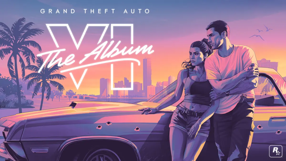 Grand Theft Auto VI: The Album key art showing Jason and Lucia beside a car at sunset in Vice City, with the album logo beside the Rockstar mark