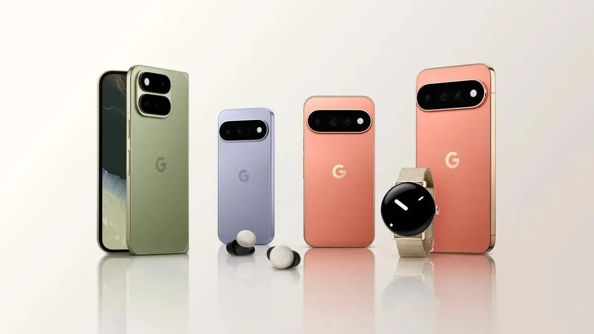 Supplied Google Pixel 11 family artwork showing three Pixel smartphones, Pixel Buds and a Pixel Watch on a reflective surface.