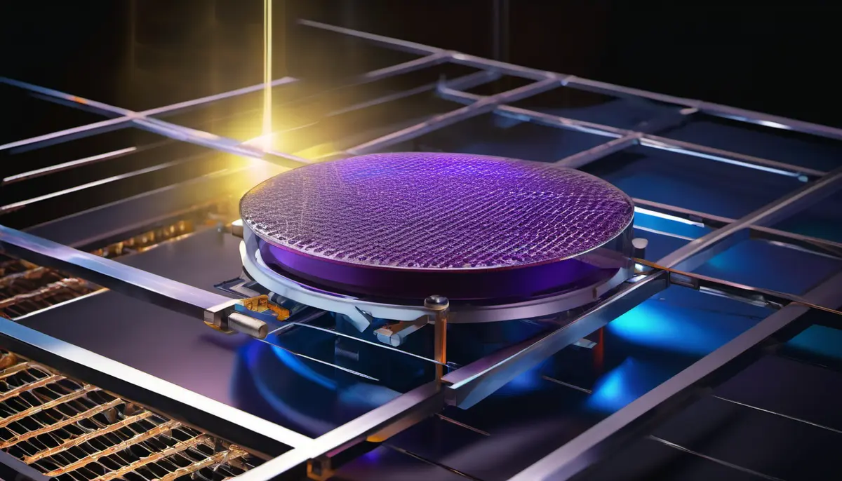 A round wafer with a fine cross-hatched purple lattice surface resting on a metallic stage rail, lit by a thin amber beam in a dark laboratory