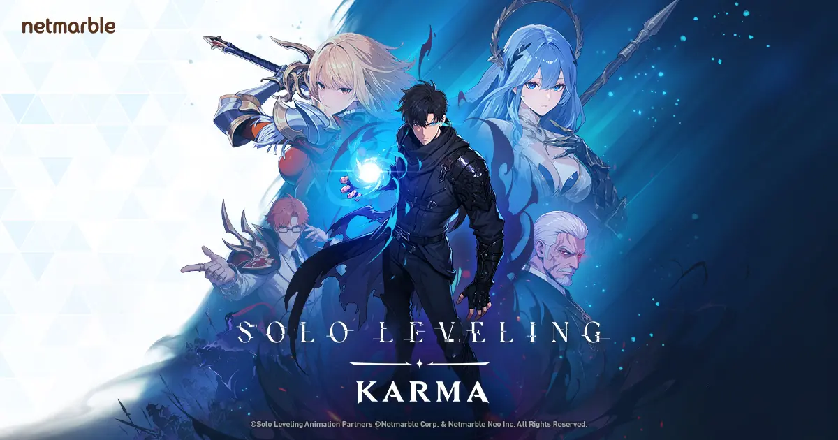 Solo Leveling: KARMA key art: Sung Jinwoo stands at the centre lit by blue shadow energy, flanked by four allied characters, with the game's logo beneath.