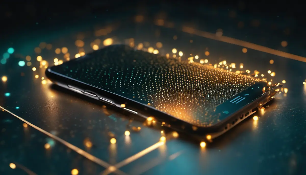 A smartphone on a dark desk with a dense lattice of glowing points collapsing into a small bright core of light rising from the screen