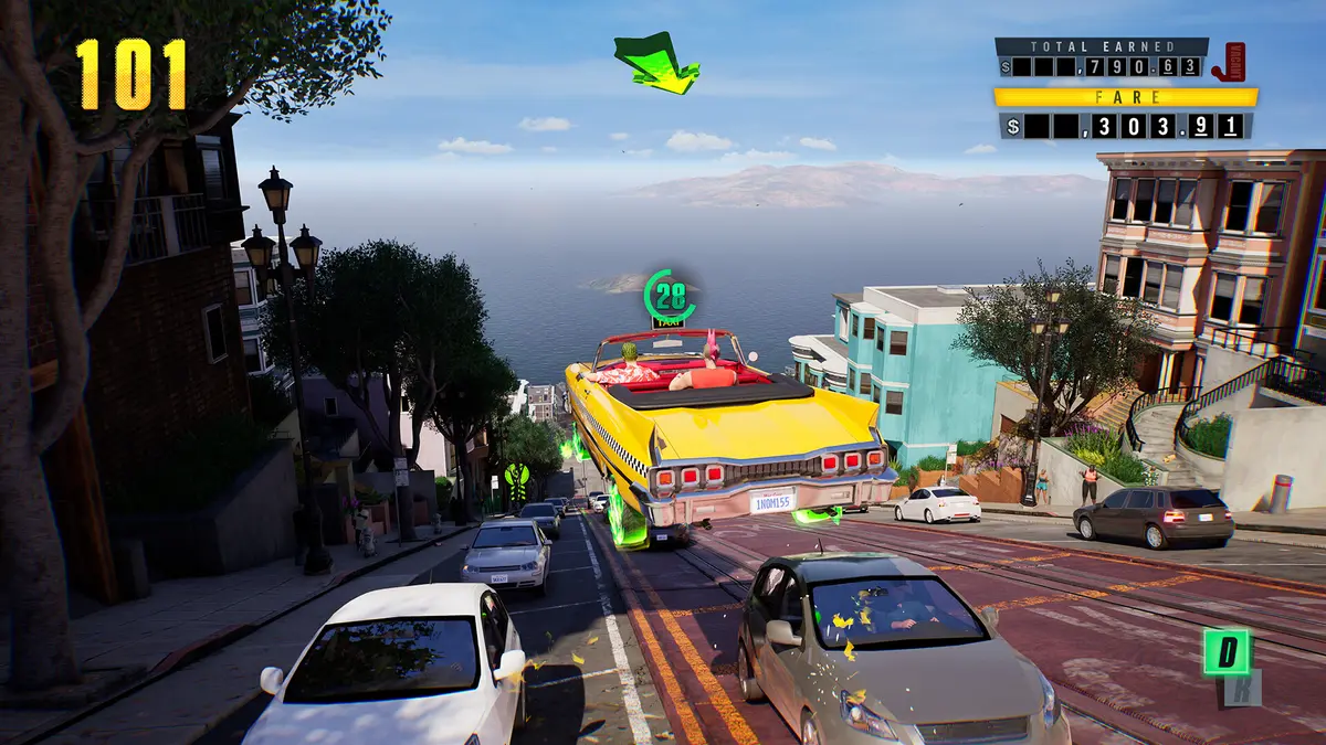 A yellow taxi launches over the crest of a steep city street in Crazy Taxi: World Tour, with the bay and distant hills behind it.
