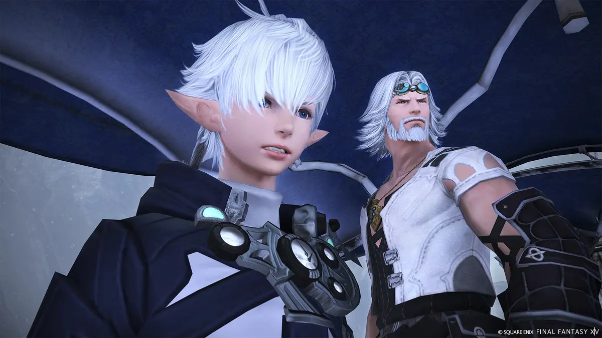Two Final Fantasy XIV characters stand together beneath a glowing canopy in a blue-toned scene.