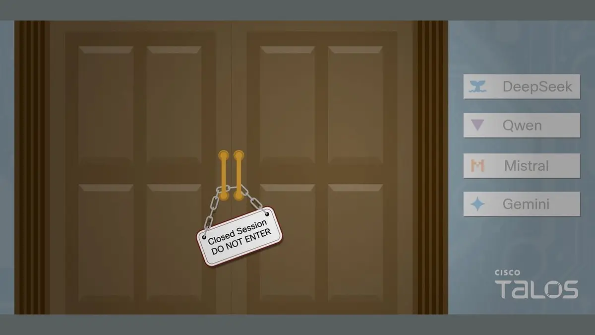 Cisco Talos header art for its CLOSEDQUORUM research: a chained and bolted door carrying a Closed Session Do Not Enter tag, beside four labelled cards for DeepSeek, Qwen, Mistral and Gemini