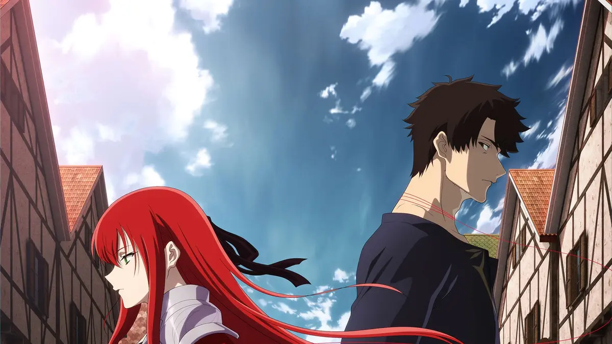 Matthew and Arwin stand in a sunlit street of the labyrinth city of Grey Neighbor in a key visual for the anime adaptation of The Kept Man of the Princess Knight