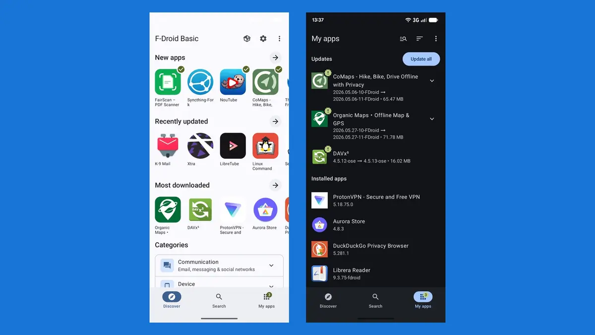Two F-Droid 2.0 phone screenshots side by side on the store's blue background: the light Discover screen with new apps, recently updated apps, most downloaded apps and categories, and the dark My apps screen listing pending updates and installed apps