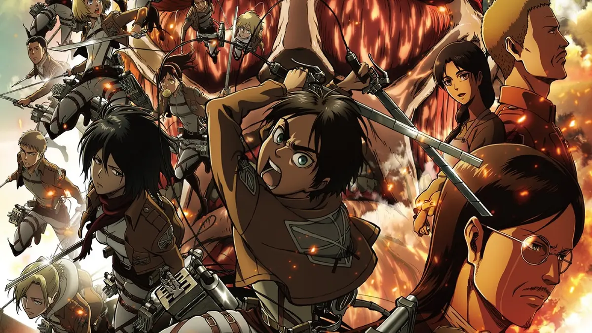 Eren, Mikasa and the Survey Corps mid-battle in the key art for the Attack on Titan compilation film Crimson Bow and Arrow