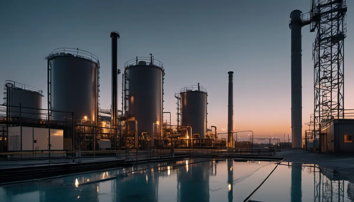 An industrial plant of tall steel tanks, pipework and slim towers at dusk under a deep blue sky, with warm lights on the pipework and the whole structure mirrored in a still pool of water in the foreground.