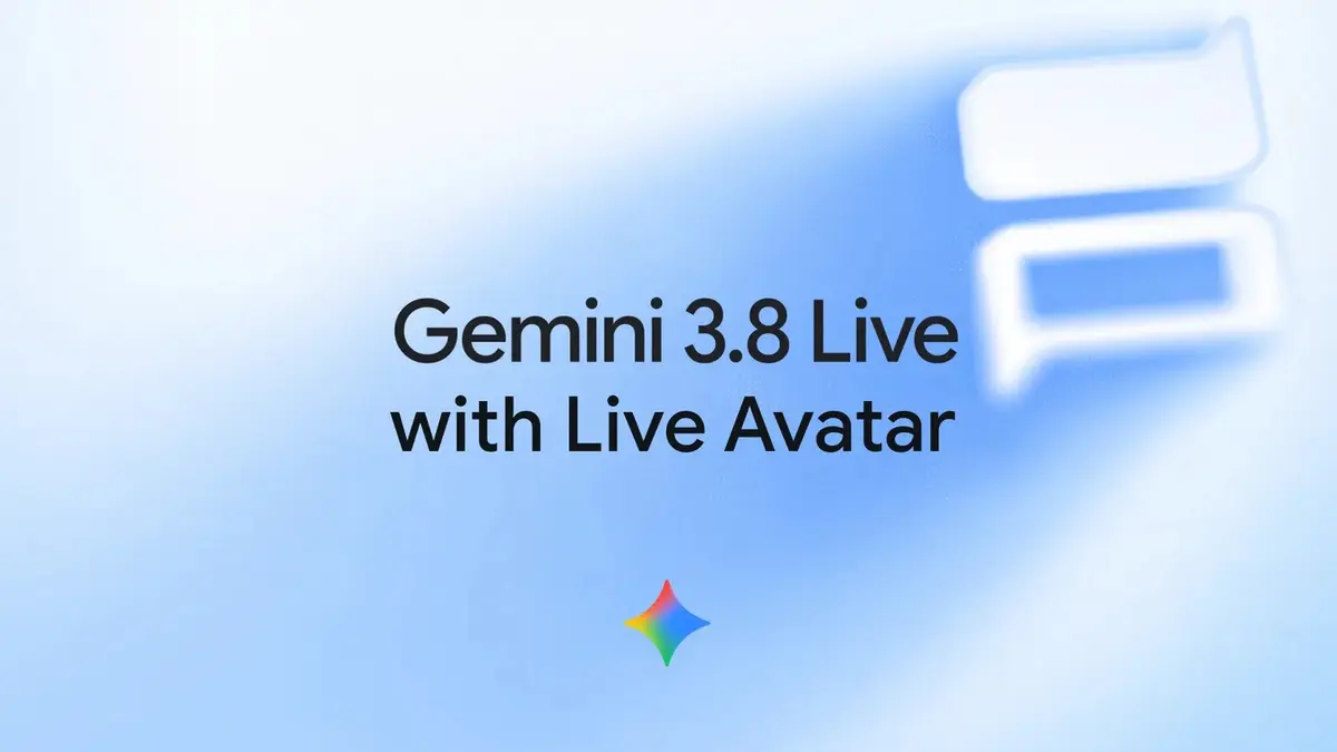 Google's announcement card for Gemini 3.8 Live with Live Avatar: the product name set in black across the centre of a soft blue gradient, the multicoloured Gemini star mark beneath it and a blurred white speech bubble to the upper right.