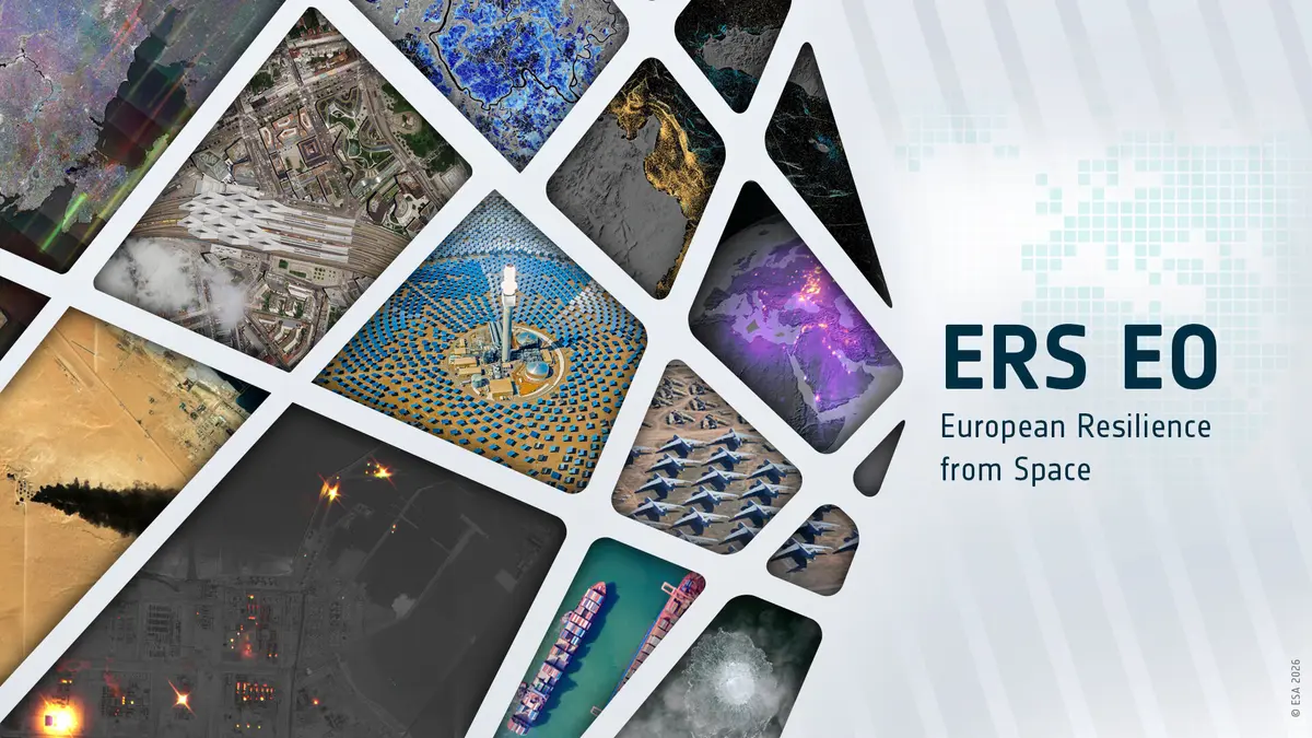 An official ESA graphic titled ERS EO, European Resilience from Space, built from angled panels of satellite imagery showing a solar farm, desert dust plumes, port shipping and night-time city lights