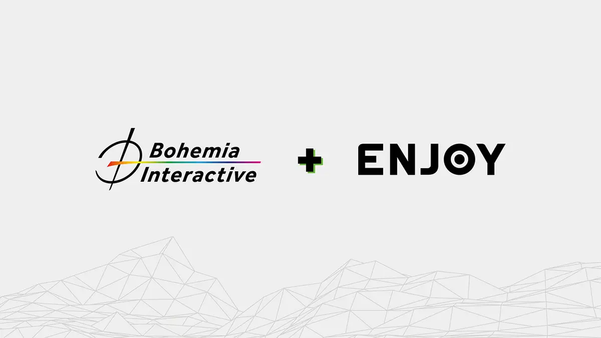 Bohemia Interactive and Enjoy Studio logos side by side on a light background above a wireframe landscape.
