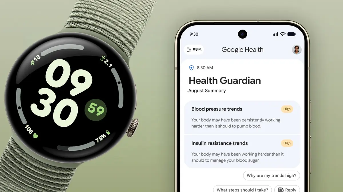 A Pixel Watch on a wrist next to a phone showing the Google Health app's Health Guardian summary, listing blood pressure and insulin resistance trends