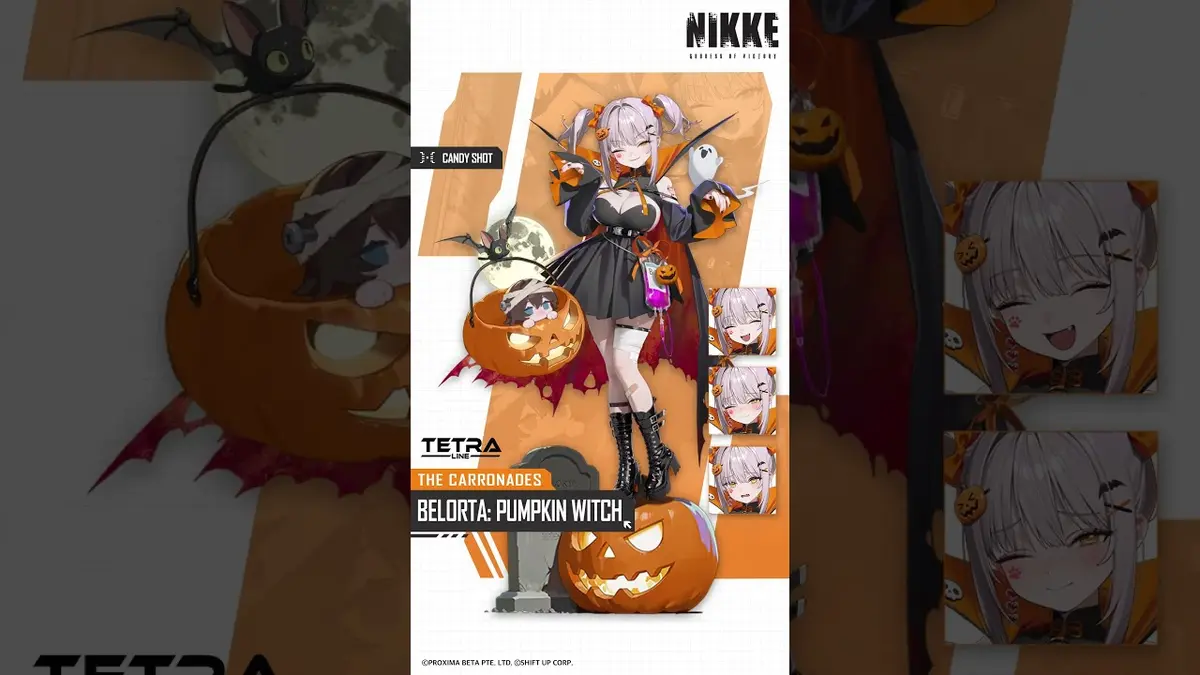 Belorta's Pumpkin Witch outfit in Goddess of Victory: NIKKE, showing the SSR character in a black witch dress with a jack-o'-lantern basket and the Candy Shot rocket launcher against an orange Halloween backdrop