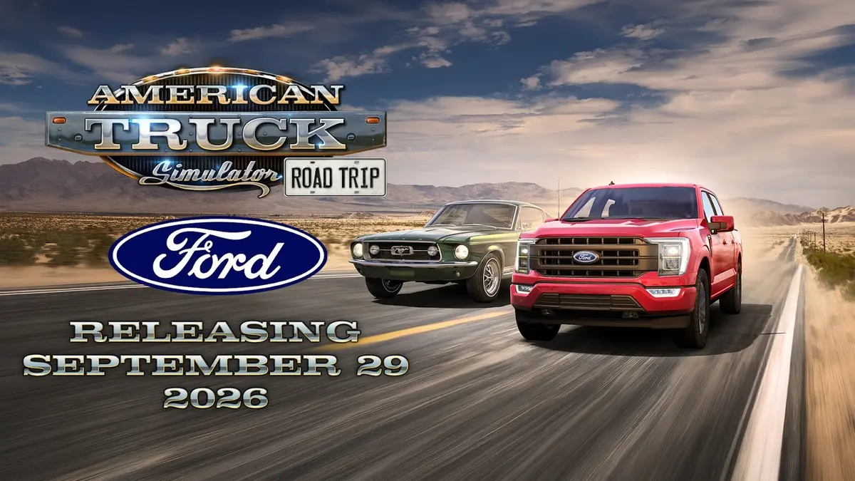 SCS Software's release-date artwork: the American Truck Simulator and Road Trip logos sit above a Ford oval and the words "Releasing September 29 2026", with a red modern pickup and a green classic two-door on a desert highway.