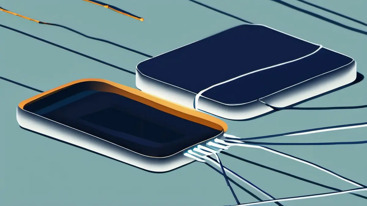 A clean, minimal illustration of two dark devices on a pale surface joined by thin glowing lines, some of which break off