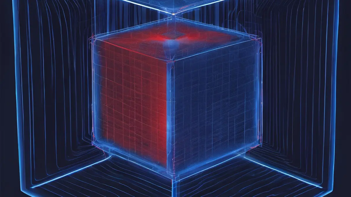A translucent blue cube containing a crimson inner block, standing alone in a dark navy void, illustrating a compromised plugin inside an otherwise trusted software supply chain