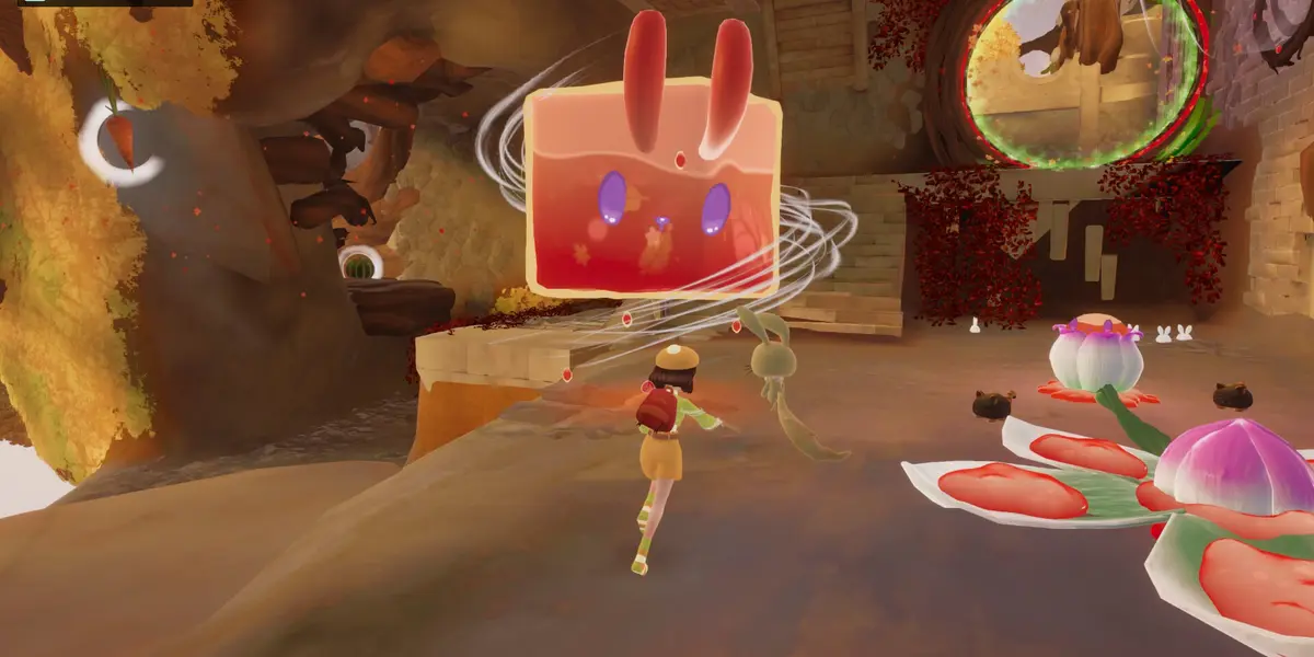 Nomori gameplay: Kiko, in a yellow hat and red backpack, stands on a rounded rock ledge in a warm ochre canyon while a large pink cube-shaped creature with tall ears and purple eyes floats above her, ringed by swirling white portal arcs, with a glowing portal opening on the right and red-petalled flowers and purple mushrooms on the rocks in the foreground