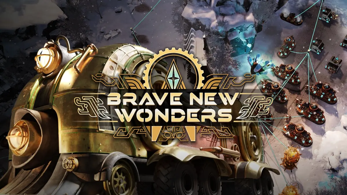 Official key art for Brave New Wonders, showing the game logo over a post-apocalyptic factory landscape.