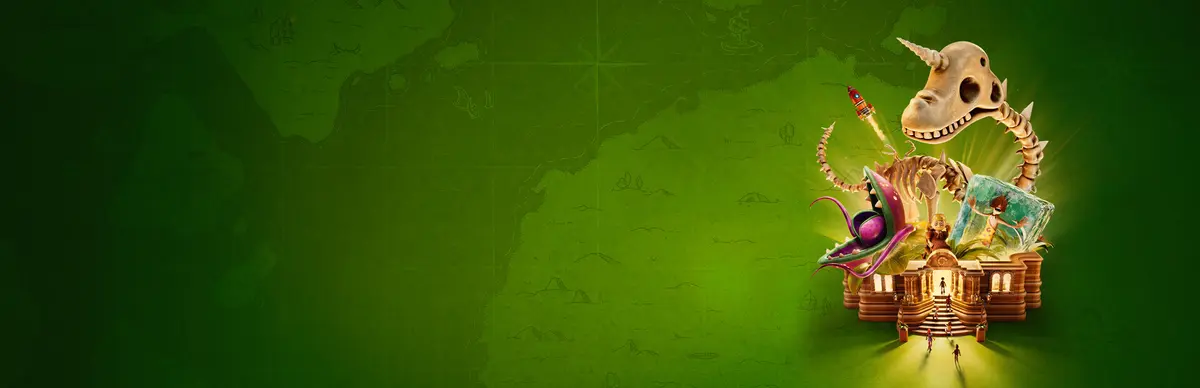 A dinosaur skeleton, glowing exhibits and a museum entrance arranged on a green map background
