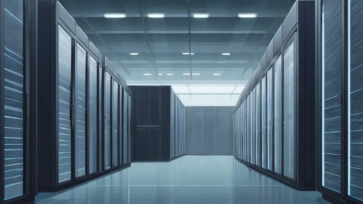 An abstract illustration of a vast data centre: rows of dark server cabinets fading into haze, lit by pale cyan light with thin threads of data rising above them.
