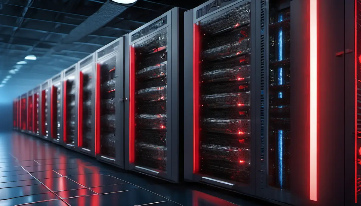 A dimly lit data-centre aisle of server racks lit by red warning lights, with a translucent security shield glowing above them