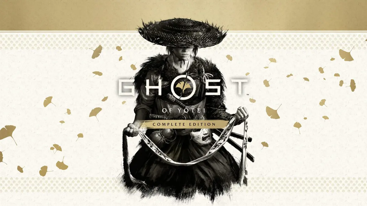 Ghost of Yotei Complete Edition key art showing the masked samurai protagonist holding a chain over a gold leaf background