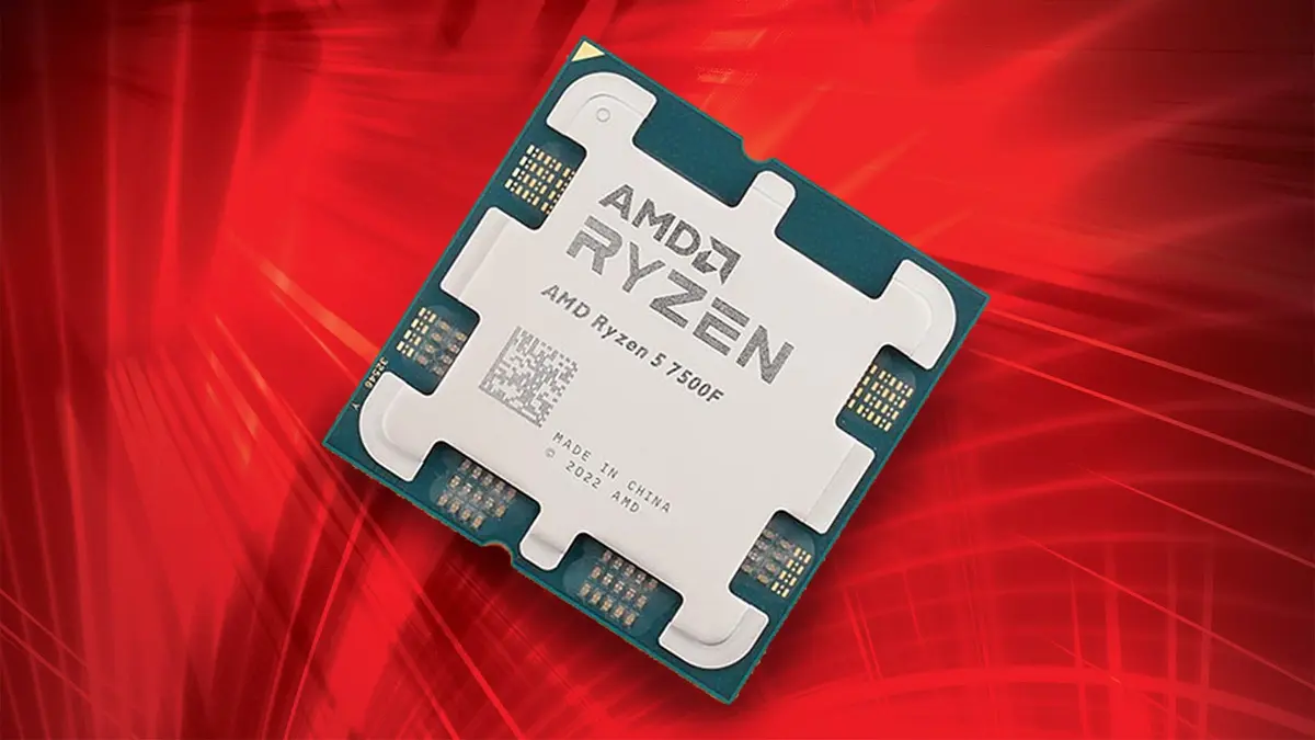 AMD Ryzen 5 7500F desktop processor shown against a red AMD-themed background.
