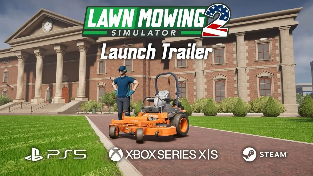 The launch trailer frame for Lawn Mowing Simulator 2: a mower and its operator in front of a brick civic building, above the game's logo, the words "Launch Trailer" and the PlayStation 5, Xbox Series X|S and Steam logos.