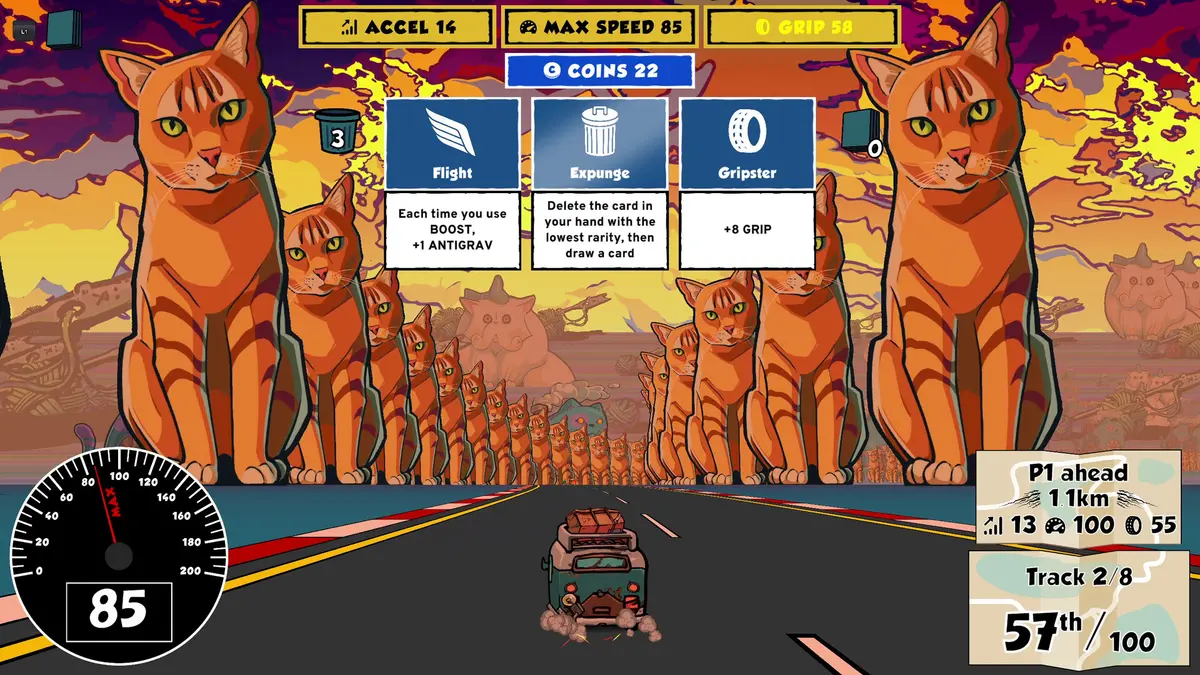 Screenshot from the racing roguelike Reality Drift showing a card choice of Flight, Expunge and Gripster above acceleration, speed and grip readouts, with rows of giant orange cats lining the road ahead