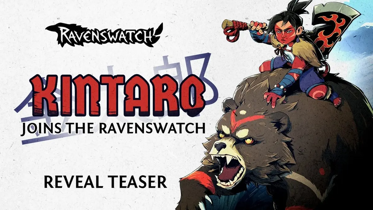 The boy hero Kintaro, in red and blue with a topknot, rides astride a snarling brown bear with red face markings while carrying a red-handled axe, above the game’s logo and the words Kintaro joins the Ravenswatch.