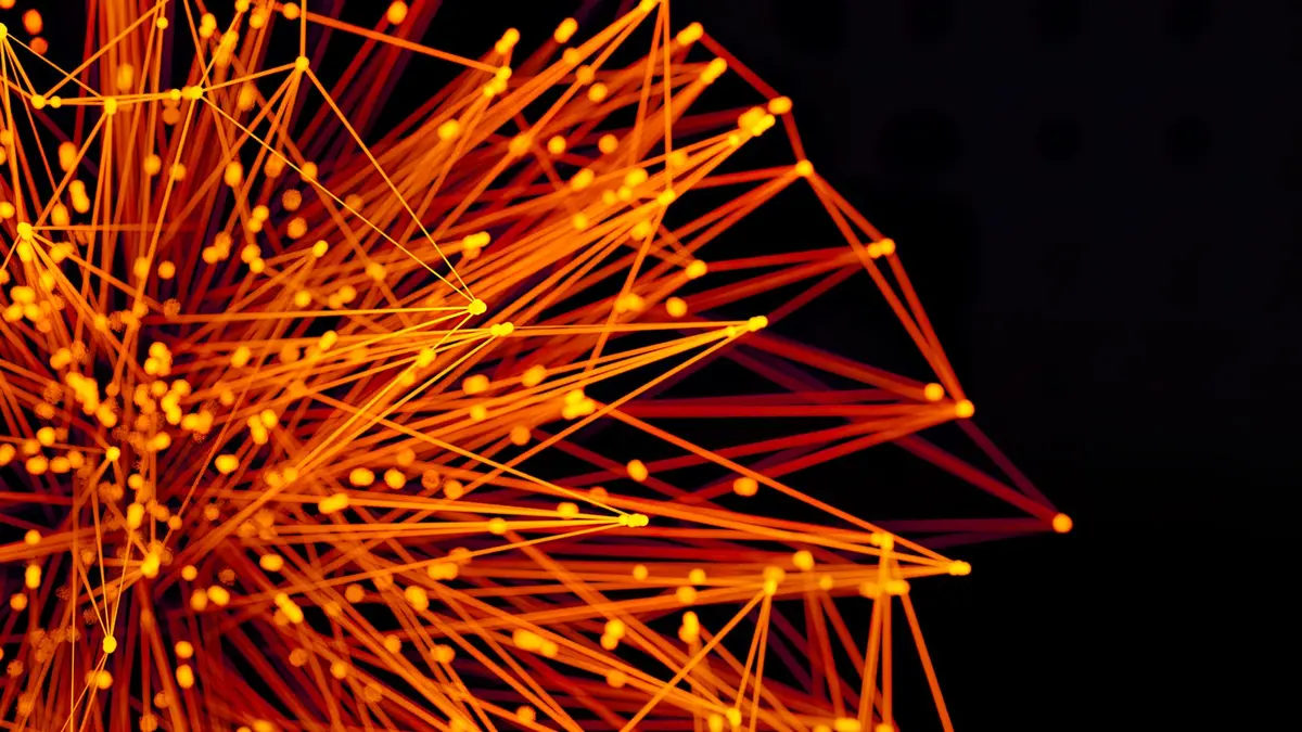 Abstract composition of glowing orange lines and dots forming a dense web of connections across a black background