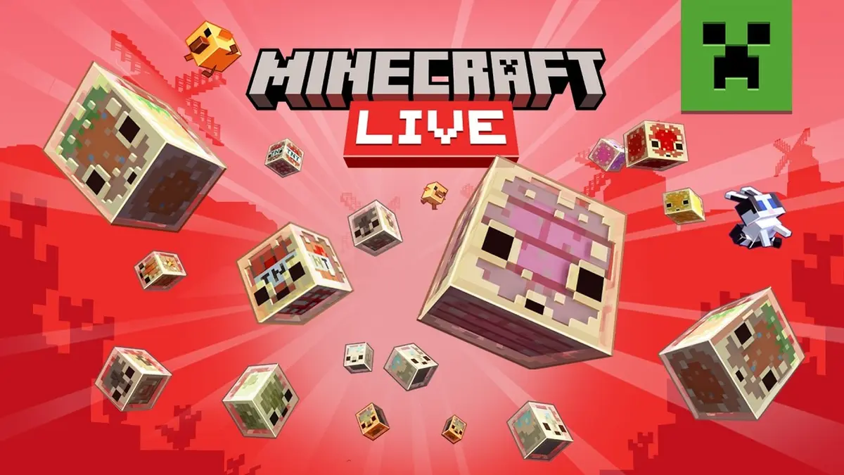 Minecraft Live key art: the show's logo above a scattering of floating blocks, a green creeper face in the top right and a small white and blue mob, all lit against a red radiating background.