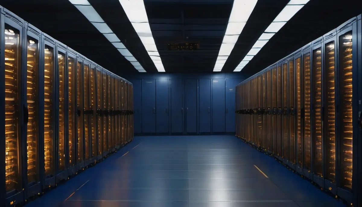 A dark data-centre aisle lined with rows of amber-lit equipment racks on a deep blue floor, receding into shadow.
