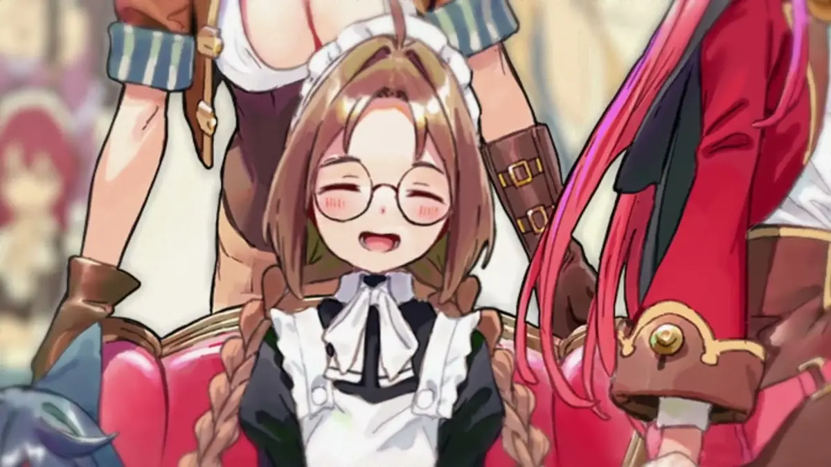 Nina, a small brown-haired maid in glasses and a white apron, smiling in the middle of a group