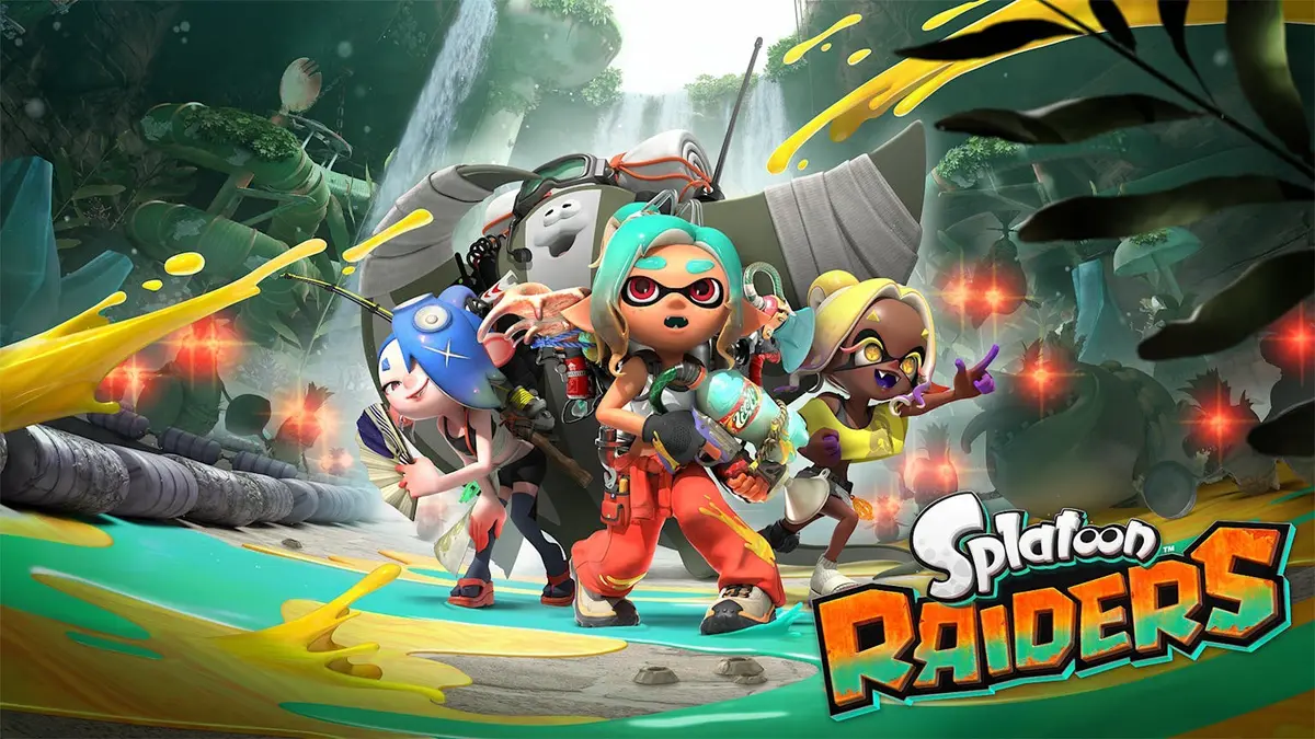 Three Inkling raiders in yellow and teal gear stand with a caged salmonid in a jungle clearing, with the Splatoon Raiders logo set into the lower right of the artwork
