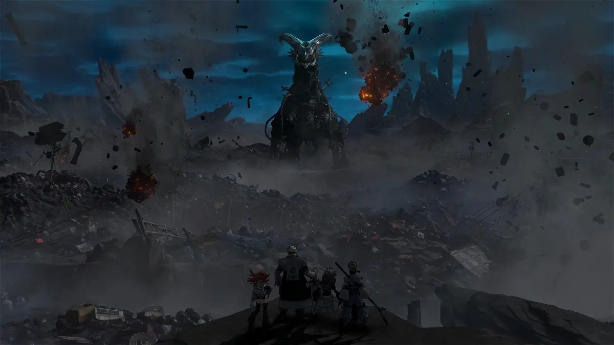 Four cleaners stand on a heap of rubble facing a towering horned trash beast in a scene from *GACHIAKUTA: BREAKOUT*