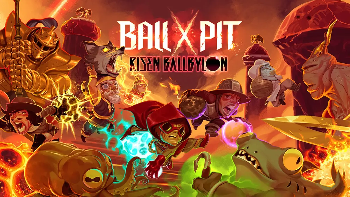Official Risen Ballbylon key art with the BALL x PIT and Risen Ballbylon logos centred over an orange and red volcanic scene crowded with armed characters and monsters