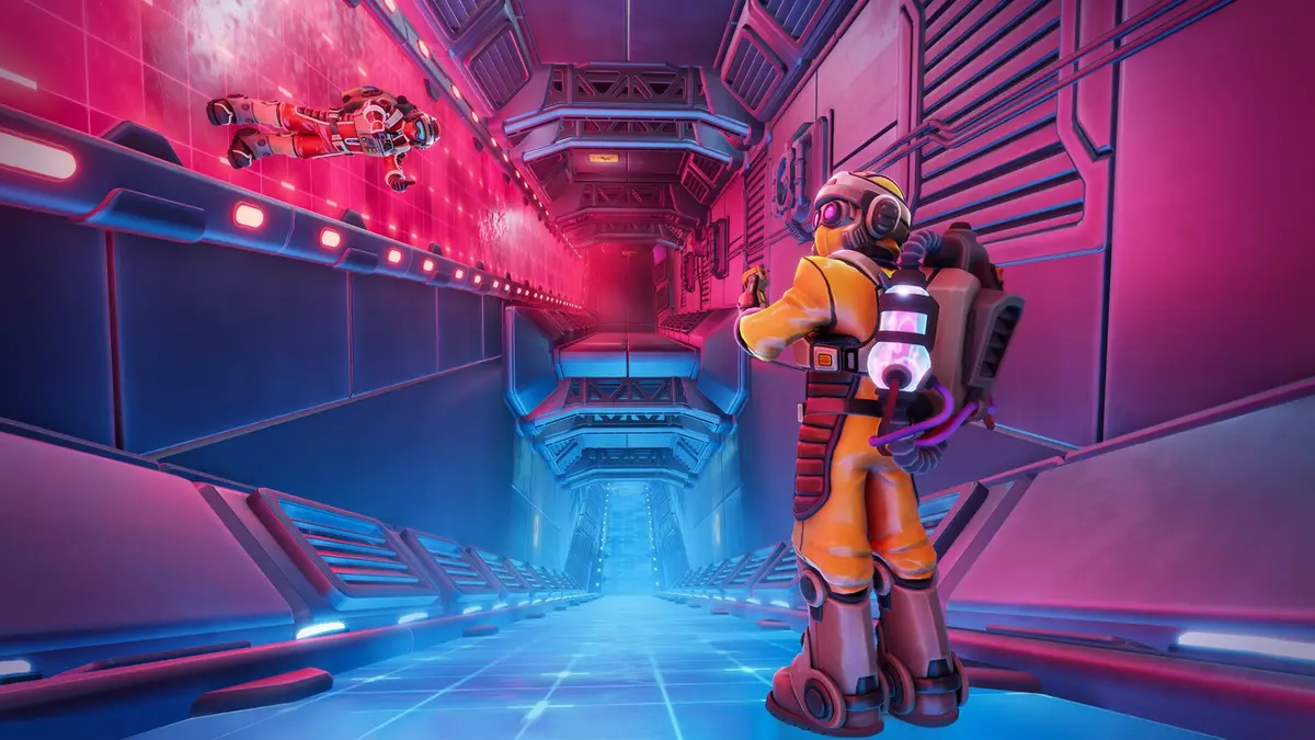 A neon-lit retro-futuristic corridor seen in first person, with an astronaut in an orange suit in the foreground and a second crew member floating near the ceiling ahead.