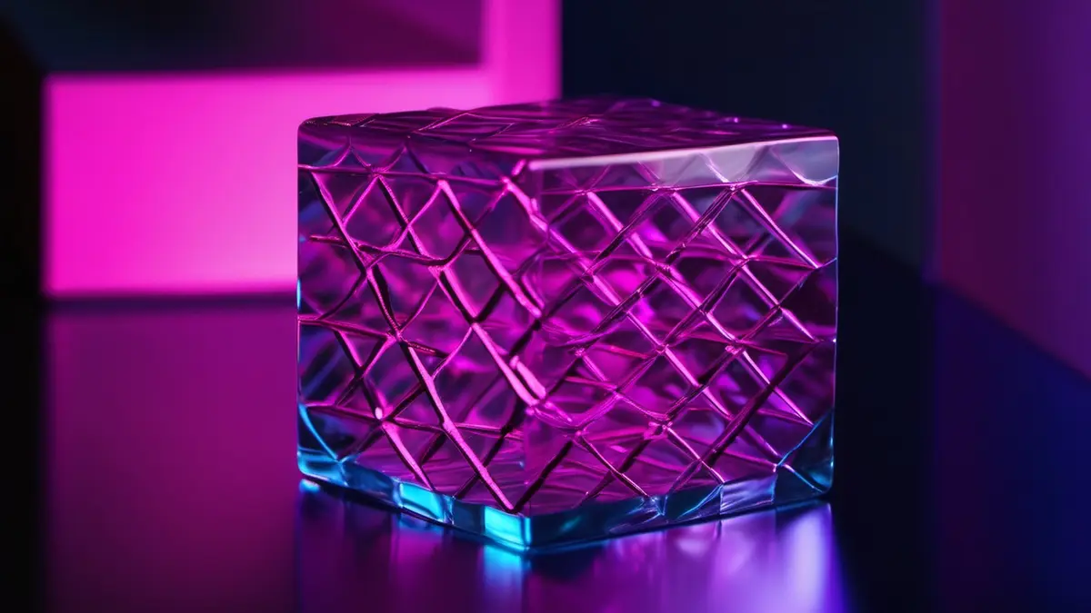 A translucent glass cube with a diamond lattice pattern glowing violet and magenta, lit from within and centred on a dark reflective surface against a deep blue and magenta background