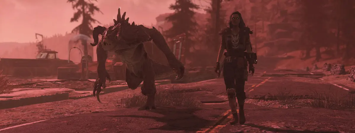 A Fallout 76 character walking along a road beside their pet Deathclaw under a red sky