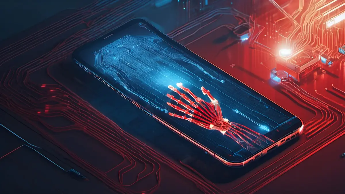 A smartphone lying on a dark circuit board, its screen glowing blue with a red skeletal hand of circuit traces reaching out of the display.